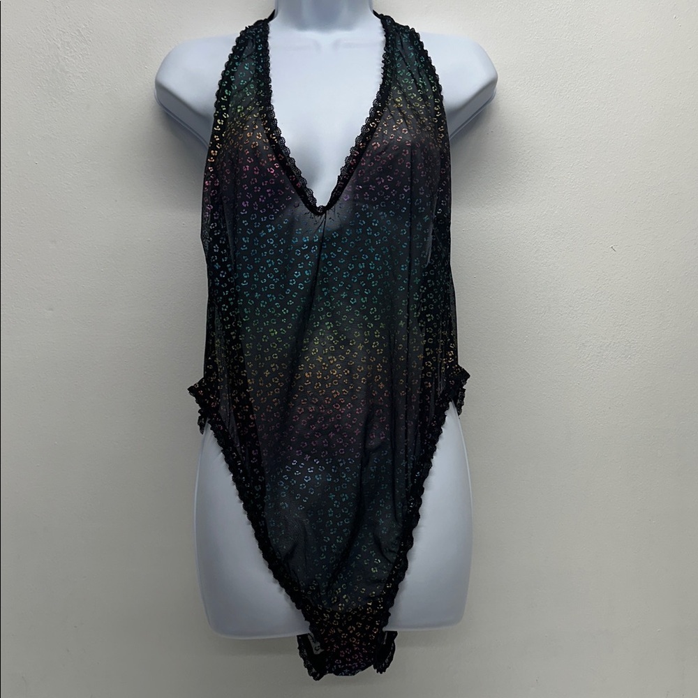 Savage X Fenty Bodysuit Halter Metallic Leopard Rainbow Sheer Black Plus Size 3X